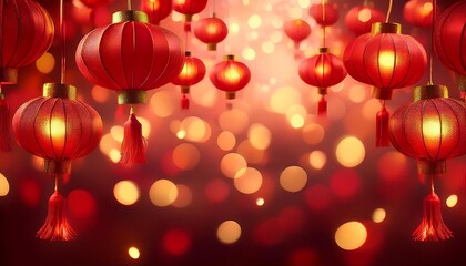 Wall Mural - Vibrant bokeh background of glowing red lanterns for a festive Chinese New Year celebration. Generative AI