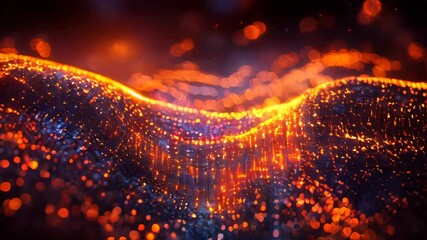 Poster - A vibrant wave of orange digital dots against a dark background, resembling energy fields or data visualization