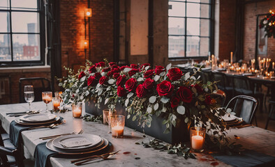 Poster - A table with a centerpiece of red roses and green leaves. The table is set for a dinner party with multiple chairs and wine glasses. Scene is elegant and sophisticated