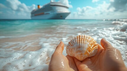 Poster - A person gently holds a beautiful seashell in the water, while a large cruise ship is seen anchored off the sandy beach under a sunny sky. The scene captures a serene ocean moment.
