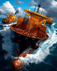 Poster - Efficient Merchandise Logistics A fleet of cargo ships navigating open waters capturing the essence of global maritime trade and international commerce