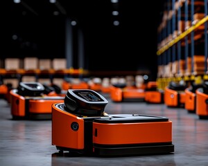 Poster - A modern suburban industrial warehouse complex featuring robotic systems smart technologies and AI powered supply chain management for efficient streamlined logistics and