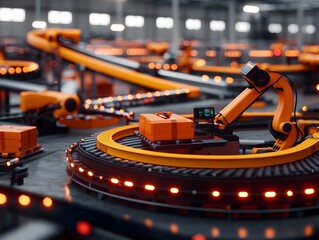 Poster - Cinematic view of a vast open plan automated warehouse with a network of conveyor belts and robotic arms moving in perfect synchronization