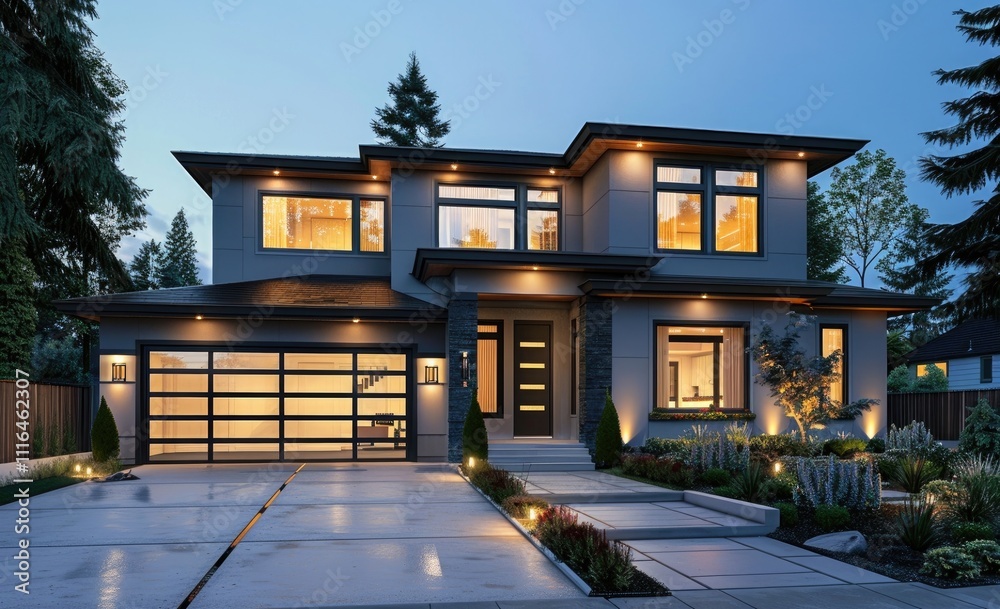 New modern luxury home exterior at dusk with double garage and open ...