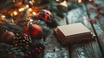 Wall Mural - Rustic Christmas scene with ornaments, pine cones, and blank cards on wooden table.