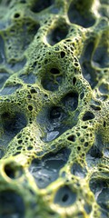 Poster - Abstract close-up of a vibrant, textured surface showcasing green and black colors with intricate patterns and holes.