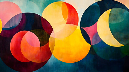 Poster - This artwork displays an array of overlapping circles in bold hues, blending warm yellows and reds with cool blues and greens, creating a harmonious composition that captivates the viewer.