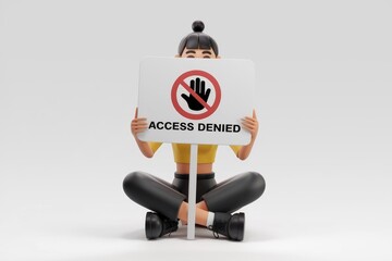 Poster - A 3D cartoon girl sits cross legged  holding a sign reading 'Access Denied' with a no entry symbol.