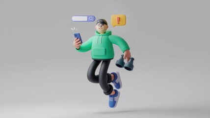 Aufkleber - 3D cartoon character using phone  searching online with binoculars  experiencing a notification.