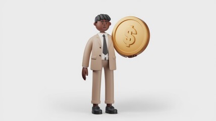 Aufkleber - A 3D cartoon businessman holds a large gold coin  symbolizing wealth and financial success.