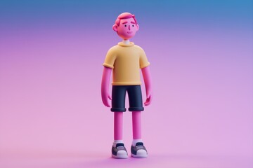 Poster - A happy 3D cartoon boy stands against a purple background  wearing a yellow shirt and dark shorts.