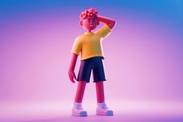 Poster - 3D cartoon boy in yellow shirt thinking on purple background
