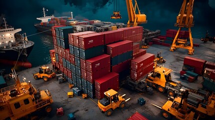 Poster - Bustling port scene with large shipping containers stacked high cargo ships docked at the docks and cranes and forklifts actively loading and unloading freight