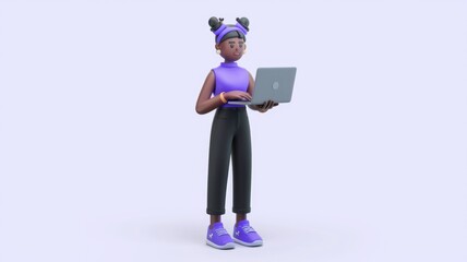 Aufkleber - A 3D rendered cartoon woman with purple clothes using a laptop.