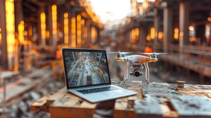 Poster - Drone surveys a bridge site using advanced technology for infrastructure analysis in bright daylight