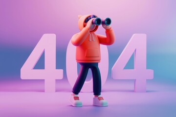 Poster - A 3D cartoon character searches for a missing page using binoculars  representing a 404 error.