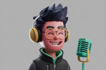 Poster - A happy cartoon boy with headphones sings into a vintage microphone.