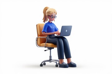 Poster - A 3D cartoon woman with blonde hair sits on an office chair using a laptop.