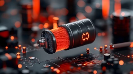 Poster - Futuristic 3D rendered of a graphene based supercapacitor showcasing an innovative and sustainable energy storage solution for the future