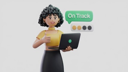Aufkleber - Happy woman using laptop  giving thumbs up  and message says 'On Track'.