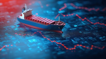Poster - Cargo ship surrounded by holographic trade visualization and data analysis elements