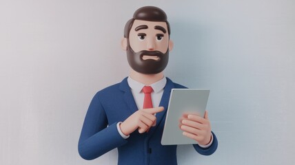 Aufkleber - A 3D cartoon businessman in a blue suit  presenting something on a tablet.