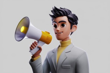 Poster - A 3D cartoon man is making an announcement with a megaphone  conveying important information.