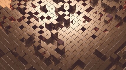 Fototapete - Dynamic metallic grid with varying height cubes in 3D.