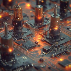 Poster - Close-up of illuminated circuit board with metallic components and intricate details, showcasing technological innovation.