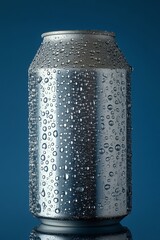 Poster - Ice Cold Refreshment Close-Up of Aluminum Can with Condensation on a Vivid Blue Background