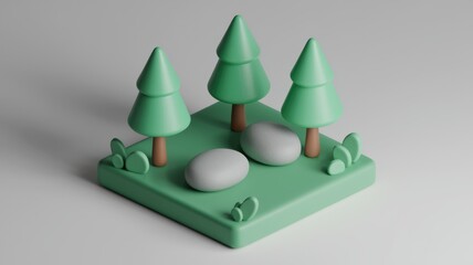 Poster - Minimalist 3D landscape with pine trees and rocks.