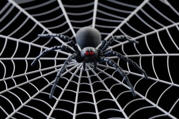 Poster - Black spider with red eyes in intricate web on transparent background.