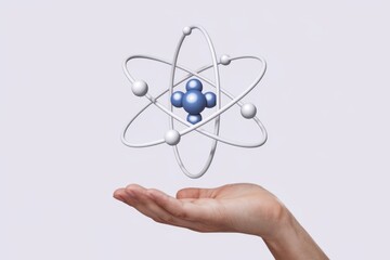Fototapete - A hand gently holds a 3D model of an atom  symbolizing science and innovation.