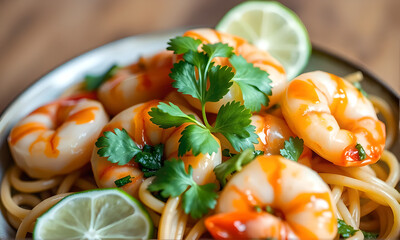 Poster - A plate of shrimp and noodles with a garnish of parsley and lime. The shrimp are arranged in a way that they look like they are swimming in the noodles. The dish is colorful and appetizing