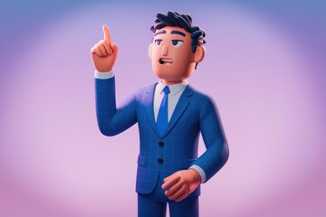 Poster - A 3D cartoon businessman in a blue suit has an idea  pointing upwards with his index finger.