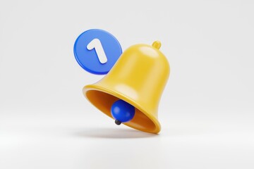 Leinwandbilder - A 3D rendering of a yellow bell with a blue notification circle indicating one new alert.