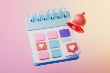 Leinwandbilder - 3D calendar with notification and like icons for reminders and social media engagement.
