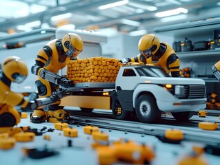 Poster - A team of robotic cargo handlers meticulously loading cargo into a self driving semi truck in a high tech minimalist warehouse environment