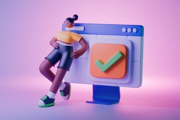 Poster - Cartoon woman relaxes next to computer screen with checkmark.