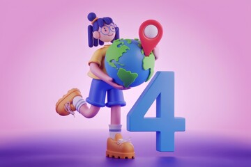 Poster - A 3D cartoon girl holding a globe with a location pin  standing next to the number 4.