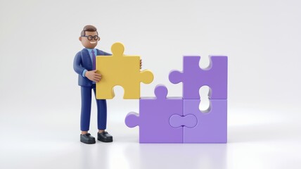 Leinwandbilder - 3D cartoon businessman solves puzzle with collaboration.