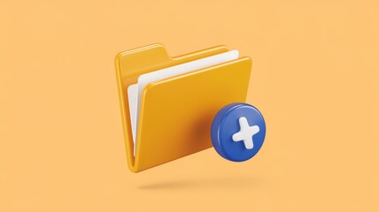 Leinwandbilder - 3D render of yellow folder icon with blue plus button  symbolizing adding new files or documents.
