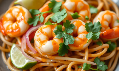 Poster - A plate of shrimp and noodles with a sauce on top. The sauce is orange and the shrimp are pink. The dish looks delicious and appetizing