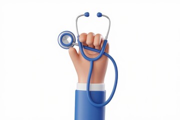 Poster - A cartoon hand in a blue suit holds a blue stethoscope  symbolizing healthcare and medical services.