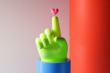 Poster - Colorful 3D hand holding heart against coral backdrop.