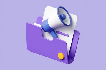 Aufkleber - Purple folder with megaphone symbolizes important announcements.