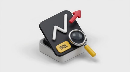 Aufkleber - SQL data analysis with upward trend visualized using a graph and magnifying glass.