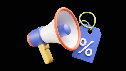 Poster - 3D render of a megaphone and a discount tag  announcing a sale or promotion.