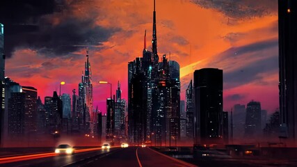 Wall Mural - City landscape artwork with orange sky on the sundown. Textured painting of a cyberpunk city in motion