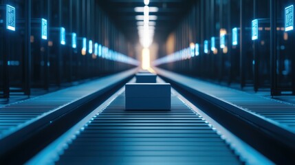 Poster - Futuristic Warehouse with Robots Sorting Packages in High-Tech Environment